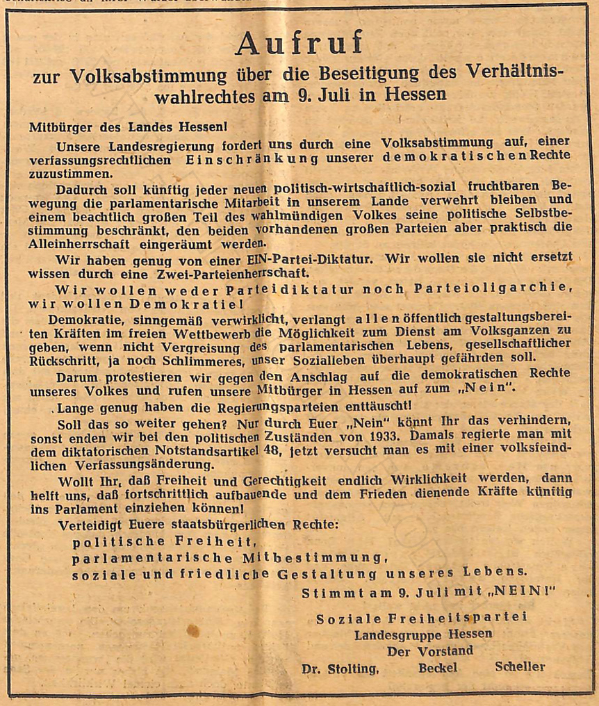Soziale Freiheitspartei, Auruf Juni 1950