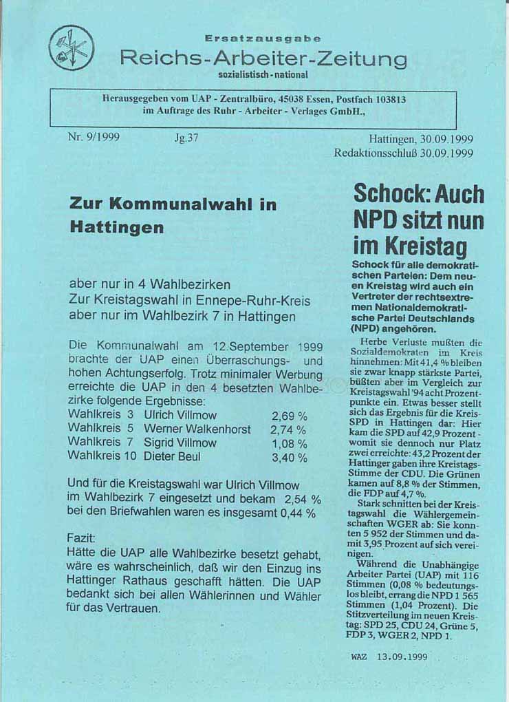 Reichs-Arbeiter-Zeitung 9/1999, Seite 1